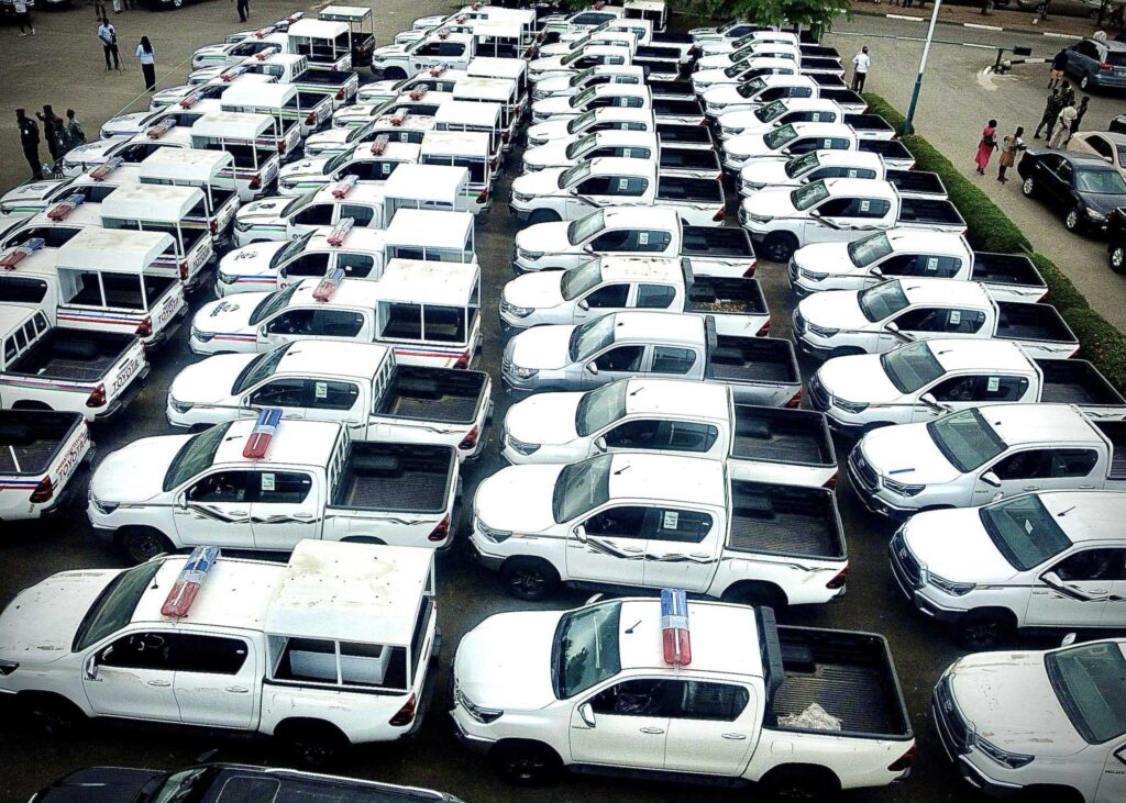 Brand new Toyota Hilux patrol vehicles procured and launched by Governor of Edo State, Monday Okpebholo, for various security agencies in the State