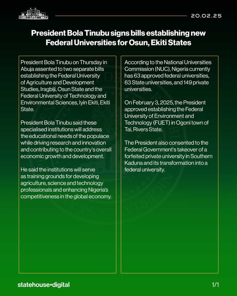 President Bola Tinubu signs bills establishing new Federal Universities for Osun, Ekiti States