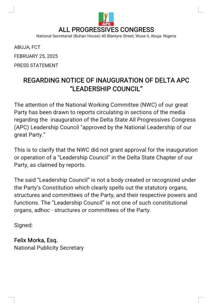 APC Press Statement on Delta State 'Leadership Council'