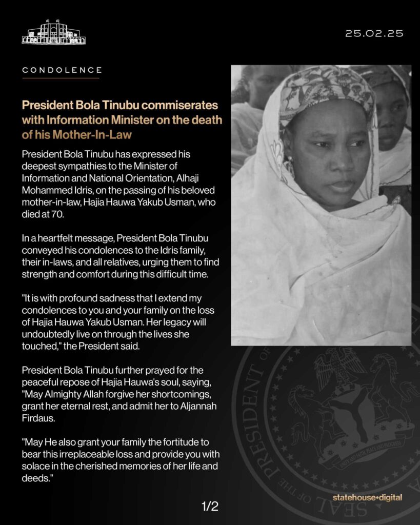 President Tinubu commiserates with Information Minister, Idris, on the death of his Mother-In-Law
