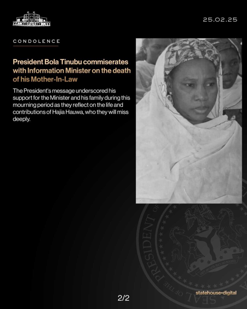 President Tinubu commiserates with Information Minister, Idris, on the death of his Mother-In-Law