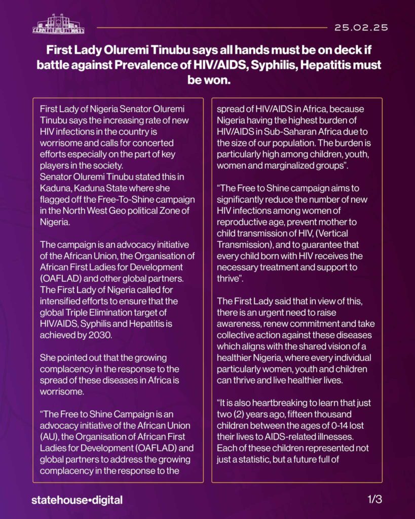 First Lady, Senator Oluremi Tinubu, at the Free To Shine Campaign, calls for all hands to be on deck in the fight against HIV/AIDS, Syphilis, Hepatitis