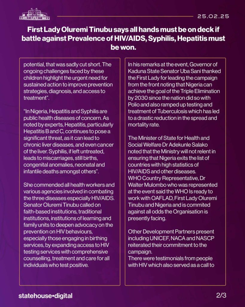 First Lady, Senator Oluremi Tinubu, at the Free To Shine Campaign, calls for all hands to be on deck in the fight against HIV/AIDS, Syphilis, Hepatitis