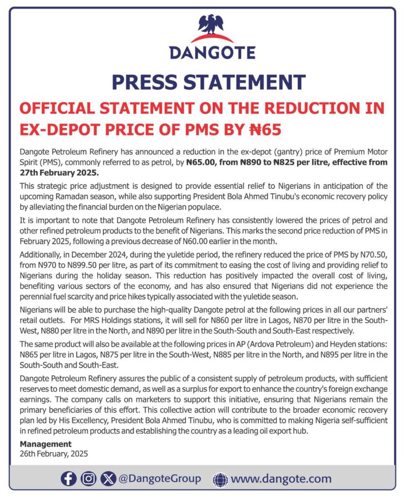 Dangote Press Statement - 'Official statement on the reduction in ex-depot price of PMS by ₦65'