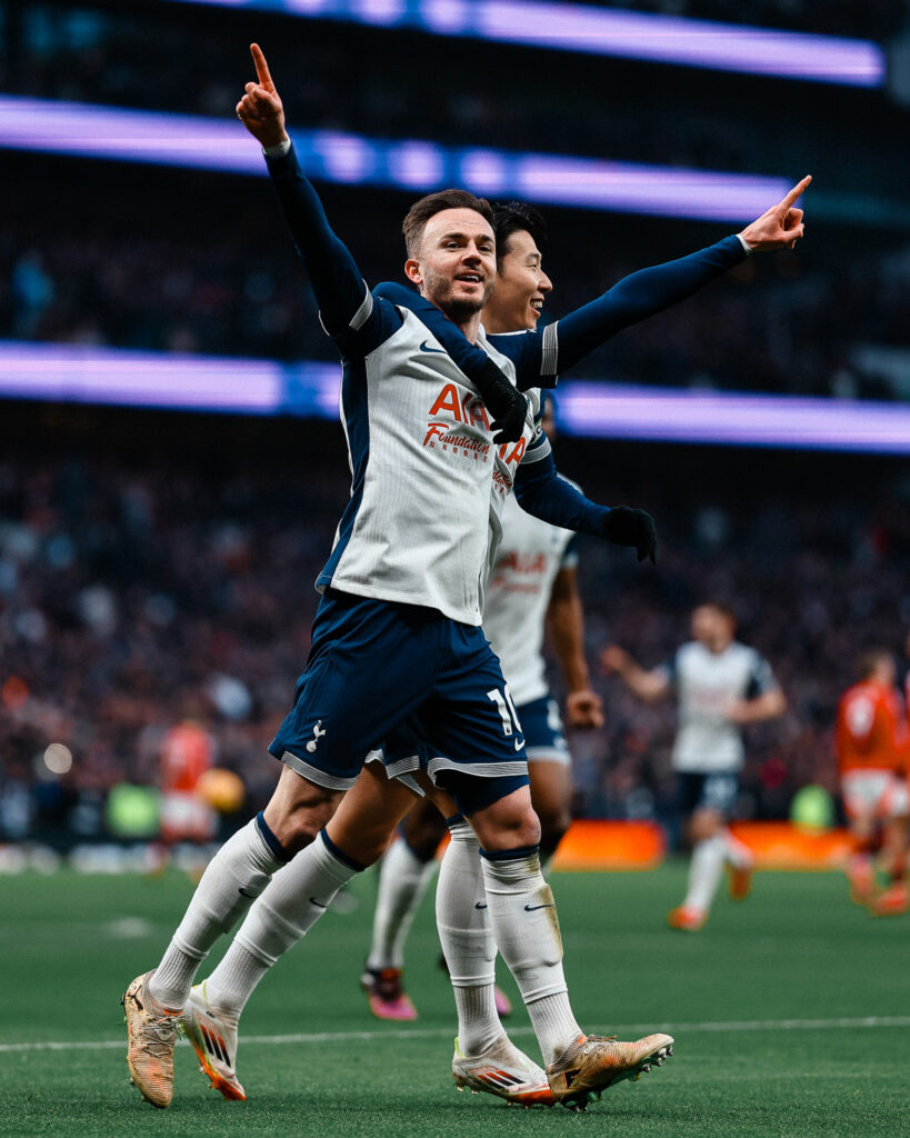 James Maddison celebrates goal with teammate, Heung-Min Son, for Tottenham Hotspur in the Premier League 2024/25 match against Manchester United at Tottenham Hotspur Stadium on Sunday 16 February, 2025