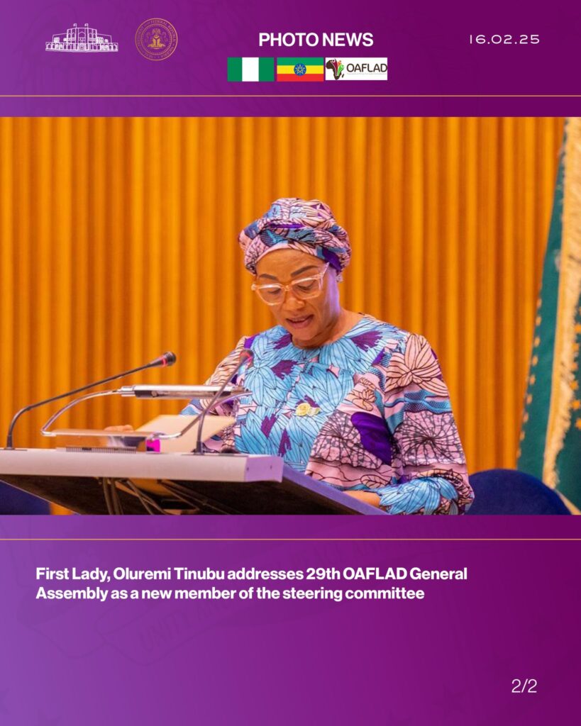 First Lady of Nigeria, Senator Oluremi Tinubu addresses OAFLAD on the sidelines of the AU Summit 2025 in Addis Ababa, Ethiopia