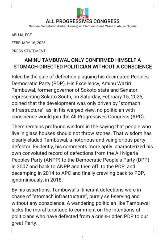 Aminu Tambuwal "a stomach-directed politician without a conscience" - APC