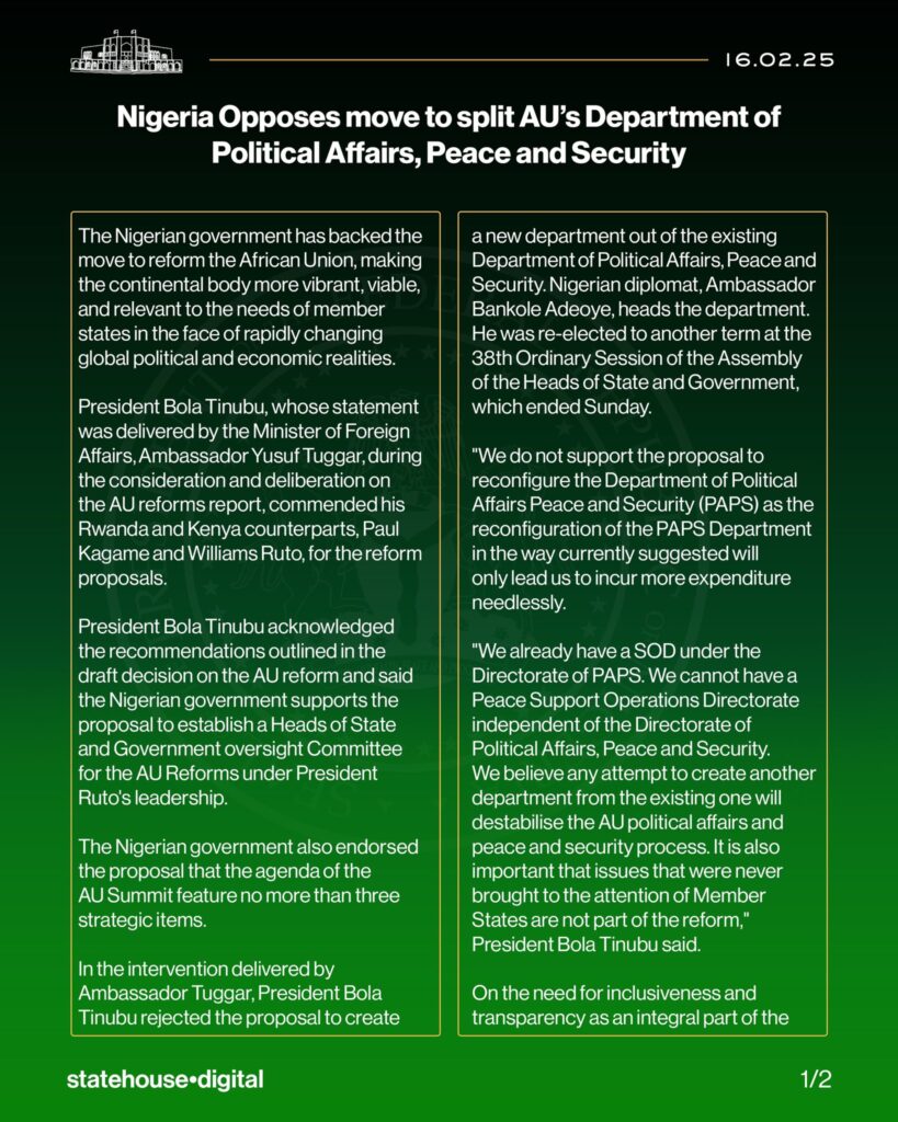 Nigeria opposes move to split AU's Department of Political Affairs, Peace and Security