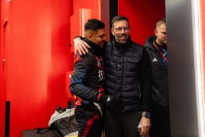 Leicester City manager, Ruud Van Nistelrooy, with Manchester United midfielder, Casemiro, after the Foxes were kicked out of the FA Cup 2024/25 at Old Trafford on Friday 7 February, 2025. Nistelrooy guided United as Interim manager following the exit of Erik Ten Hag