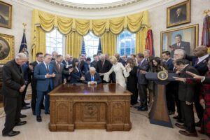 President Donald Trump during a prayer session at the Oval office, White House