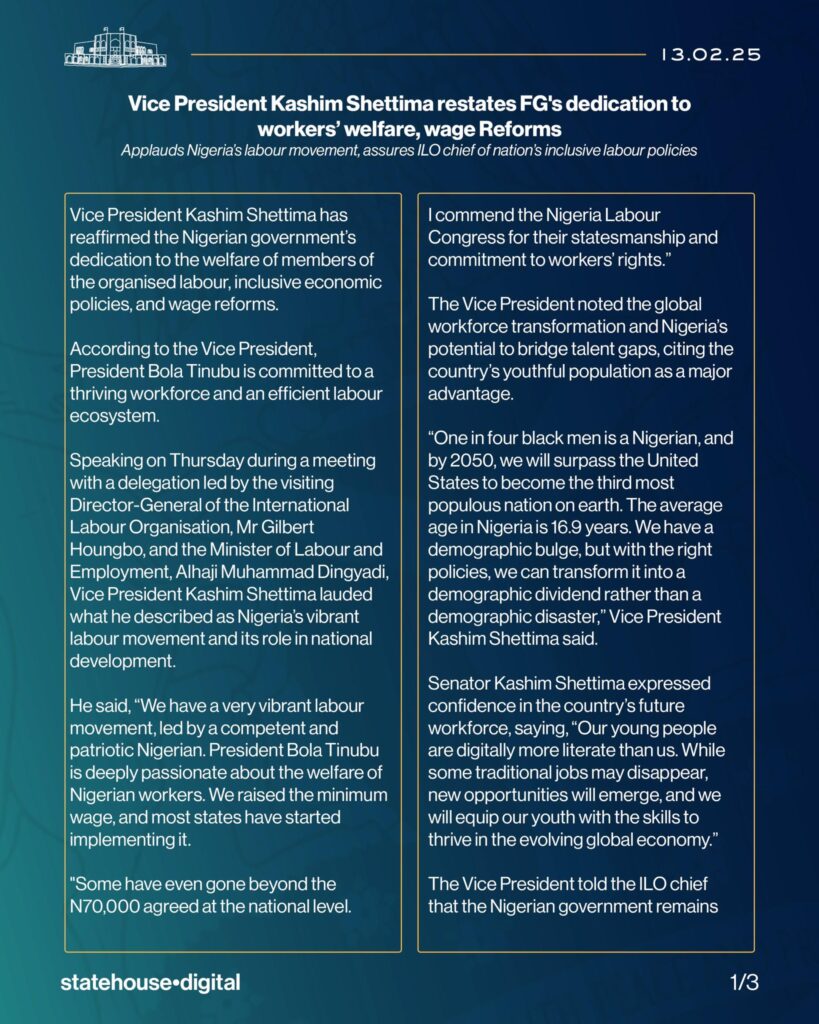 "President Tinubu is deeply passionate about the welfare of Nigerian workers" - VP Kashim Shettima