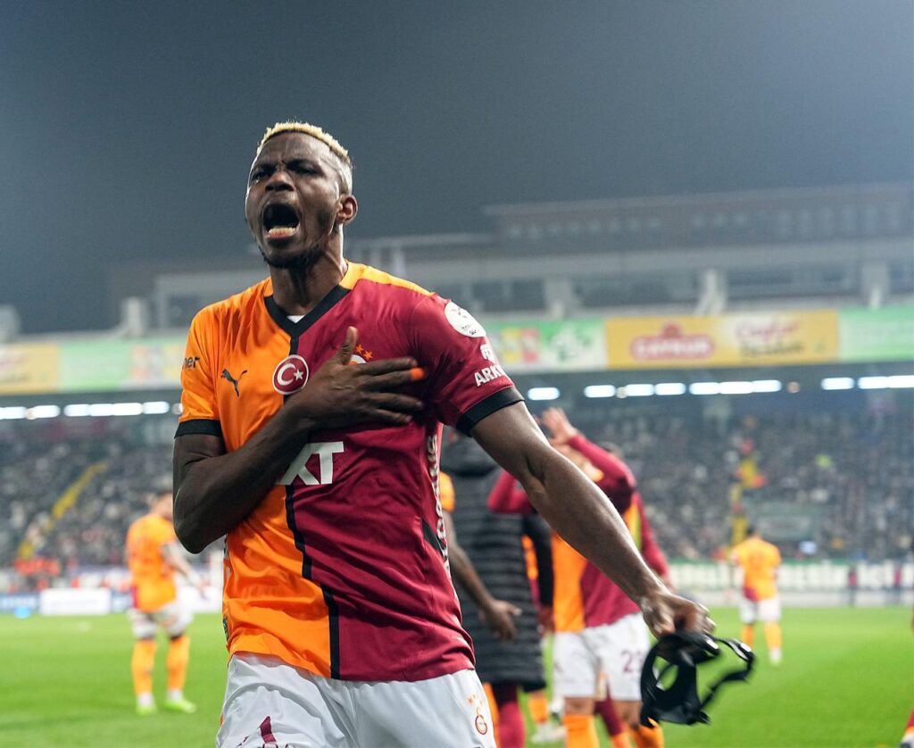 Nigerian striker, Victor Osimhen, celebrates after scoring for Galatasaray in the Süper Lig match against Rizespor on Monday 17 February, 2025 at Caykur Didi Stadyumu