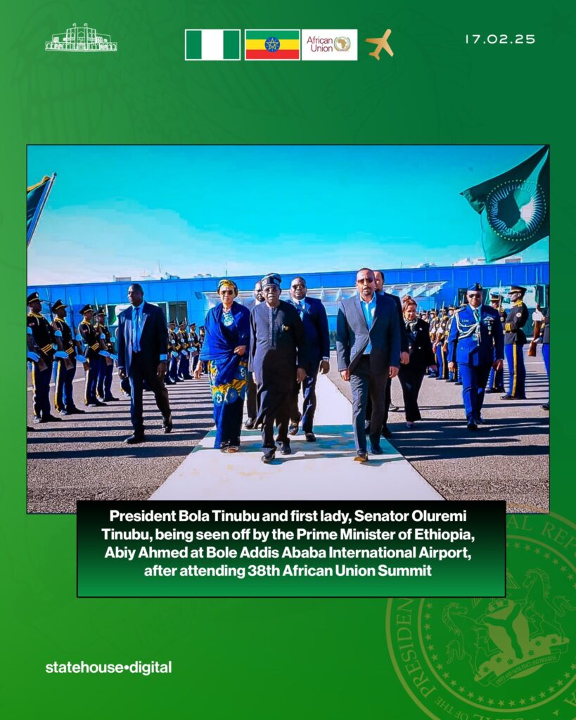 Nigeria's President, Bola Tinubu, and First Lady, Senator Oluremi Tinubu, being seen off by Prime Minister of Ethiopia, Abiy Ahmed, after attending the AU Summit 2025 in Addis Ababa, Ethiopia
