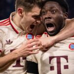 Defender, Alphonso Davies, celebrates goal for Bayern Munich with teammate in the Uefa Champions League 2024/25 Knockout Play-off against Celtic at Allianz Arena on Tuesday 18 February, 2025