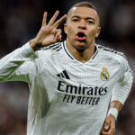 Kylian Mbappe celebrates hat-trick for Real Madrid in the Uefa Champions League 2024/25 Knockout Play-off second leg against Manchester City on Wednesday 19 February, 2025 at Santiago Bernabeu, Madrid