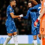 Goalscorers Christopher Nkunku and Marc Cucurella, celebrate Chelsea's 4-0 win over Southampton in the Premier League 2024/25 match on Tuesday 25 February, 2025 at Stamford Bridge, London