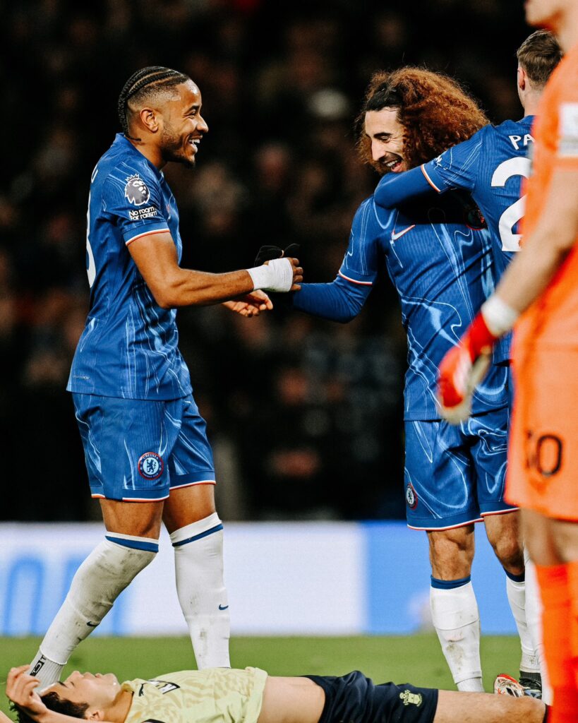 Goalscorers Christopher Nkunku and Marc Cucurella, celebrate Chelsea's 4-0 win over Southampton in the Premier League 2024/25 match on Tuesday 25 February, 2025 at Stamford Bridge, London