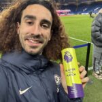Chelsea left-back, Marc Cucurella, takes a shot with his Player Of The Match award following his amazing performance in the Premier League match against Southampton at Stamford Bridge on Tuesday 25 February, 2025