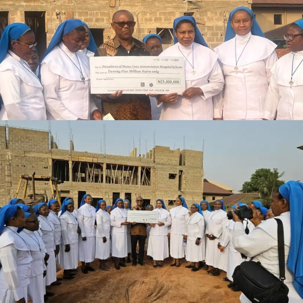 Peter Obi presents ₦25 million cheque to the Daughters of Divine Love, DDL in Emene, Enugu, to support their proposed College of Nursing Peter Obi presents ₦25 million cheque to the Daughters of Divine Love, DDL in Emene, Enugu, to support their proposed College of Nursing project