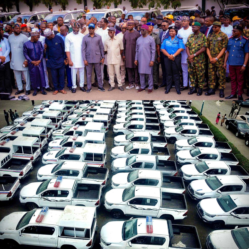 Brand new Toyota Hilux patrol vehicles procured and launched by Governor of Edo State, Monday Okpebholo, for various security agencies in the State