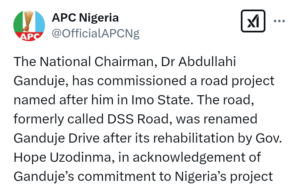 'Ganduje Drive' - Road project in Imo State renamed after APC National Chairman, Dr Abdullahi Umar Ganduje