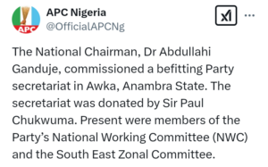 APC National Chairman, Ganduje, commissions Party Secretariat in Awka, Anambra State