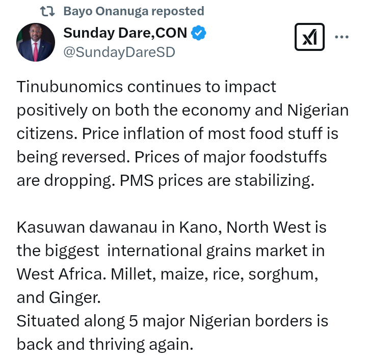 Prices of major foodstuffs are dropping due to Tinubunomics positive impact