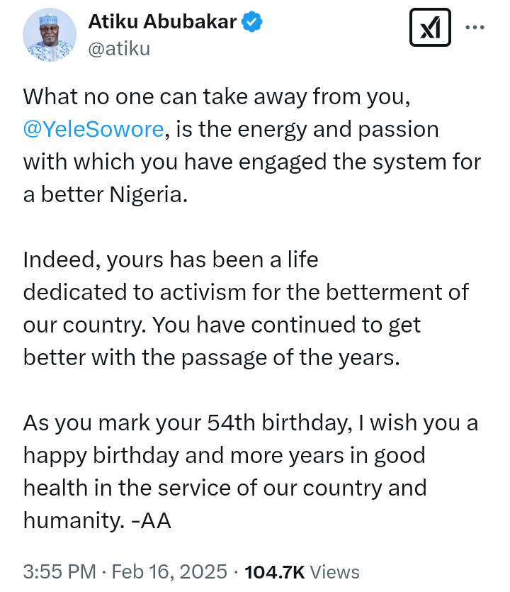 Atiku sends birthday greetings to Omoyele Sowore as the 2023 AAC Presidential candidate turned 54