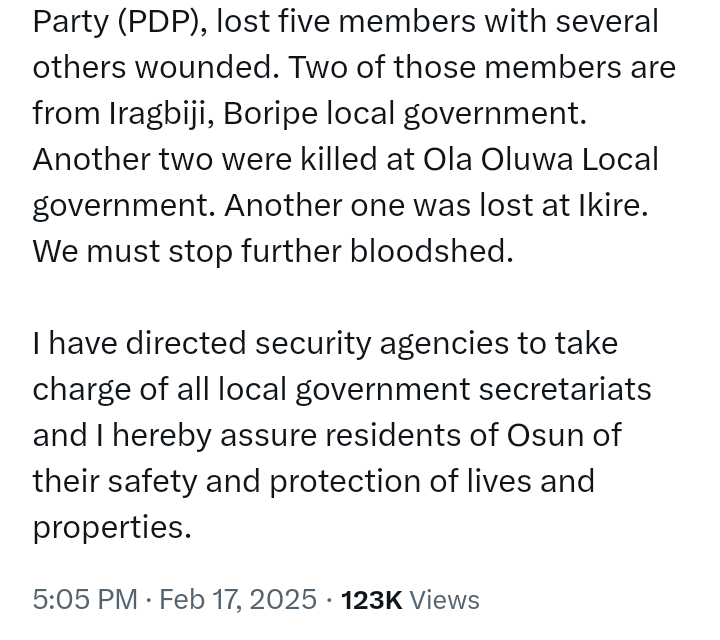 Five (5) PDP members killed in chaos in Osun State