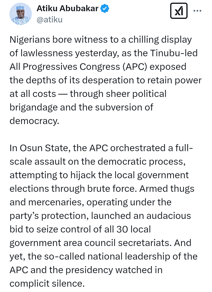 Atiku issues stern warning to APC following chaos in Osun State