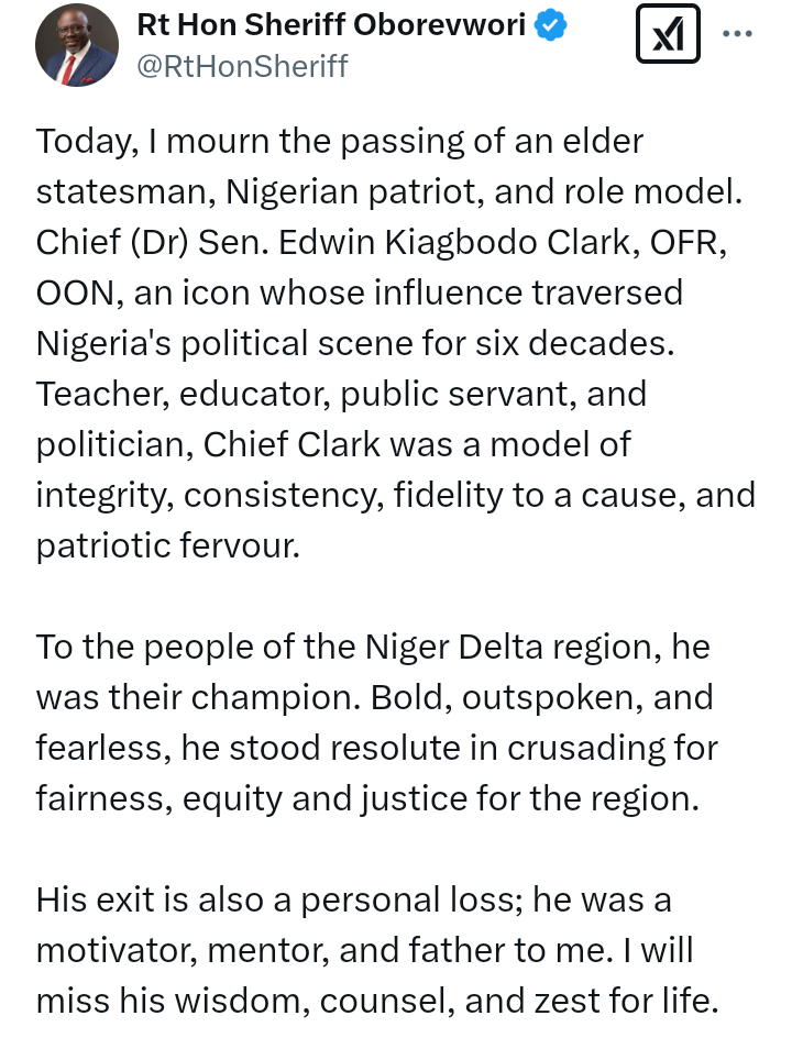 Governor of Delta State, Sheriff Oborevwori, mourns passing of Chief (Dr) Edwin Clark