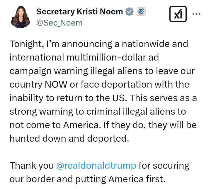 Homeland Secretary, Kristi Neom, warns "criminal illegal aliens" to leave the US