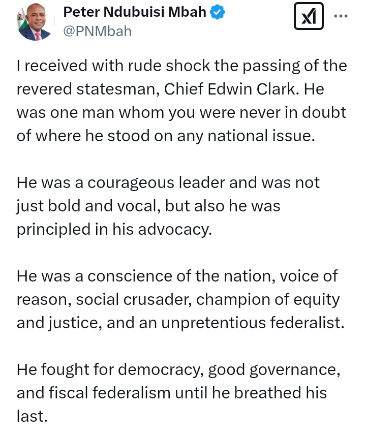 Chief Edwin Clark was "a courageous leader" - Enugu Governor, Peter Ndubuisi Mbah