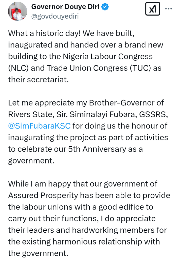Governor of Bayelsa State, Duoye Diri, hands over brand new building to NLC and TUC as secretariat