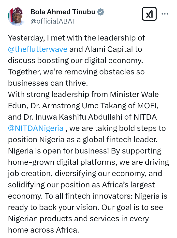 President Bola Tinubu says, "we are taking bold steps to position Nigeria as a global fintech leader"