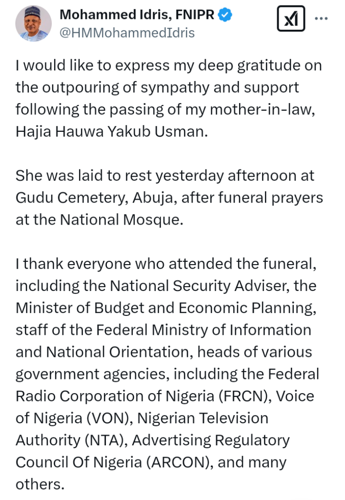 Minister of Information, Mohammed Idris, lays to rest, mother-in-law, Hajia Hauwa Yakub Usman at Gudu Cemetery, Abuja