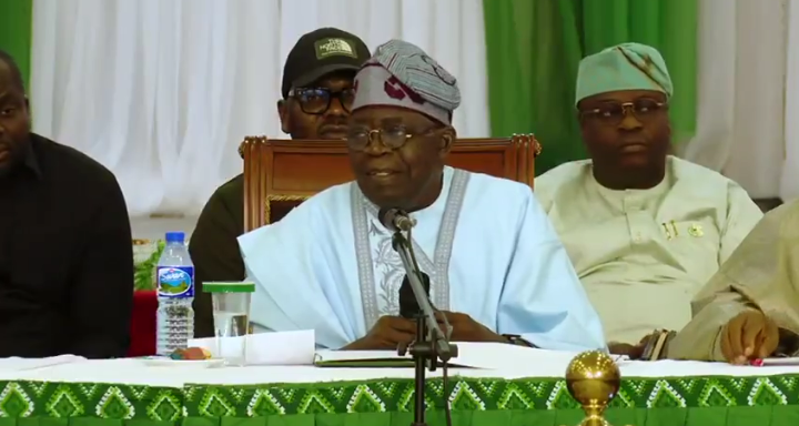 President Bola Tinubu speaks at the APC caucus meeting in Abuja