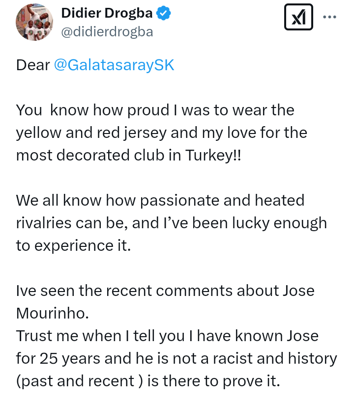 Didier Drogba writes Galatasaray on "Mourinho not a racist"