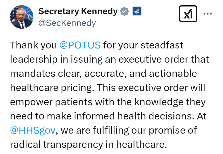 President Trump issue executive order 'that mandates clear, accurate, and actionable healthcare pricing'