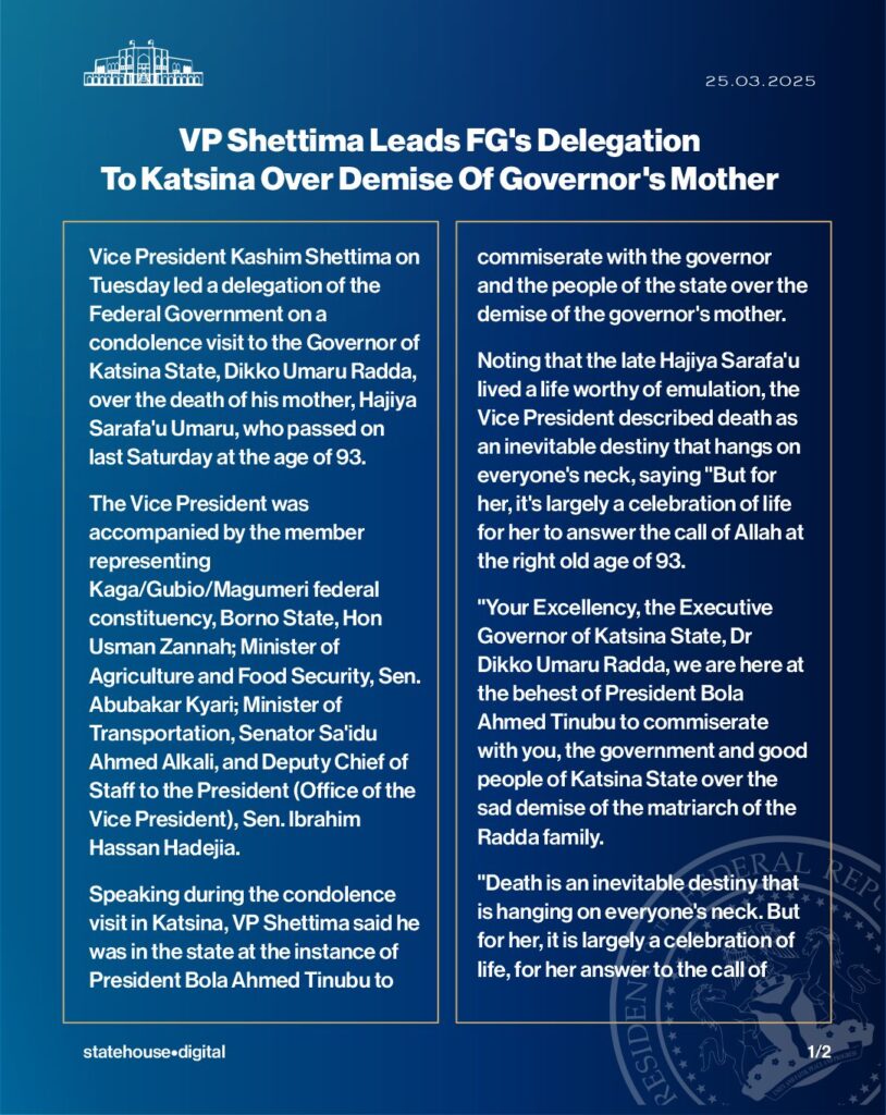 Governor Radda Loses Mother: VP Shettima leads FG's delegation to Katsina on condolence visit