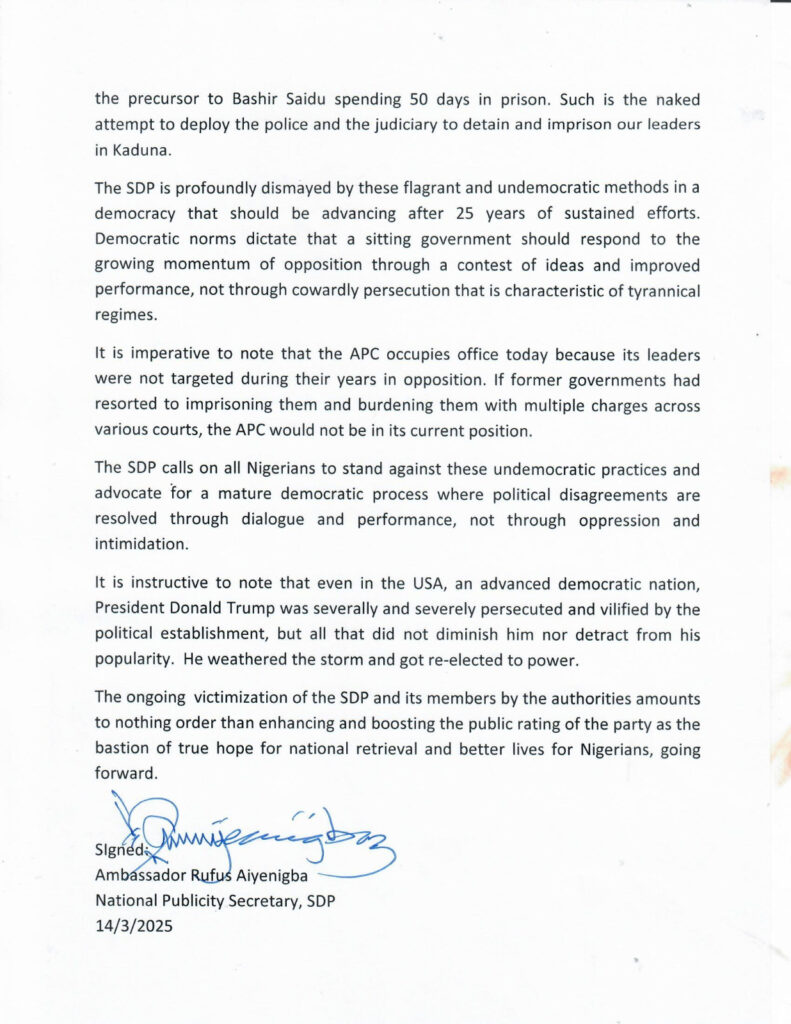 'Plans to instill fear in political circles - SDP says No to persecution of opposition leaders'