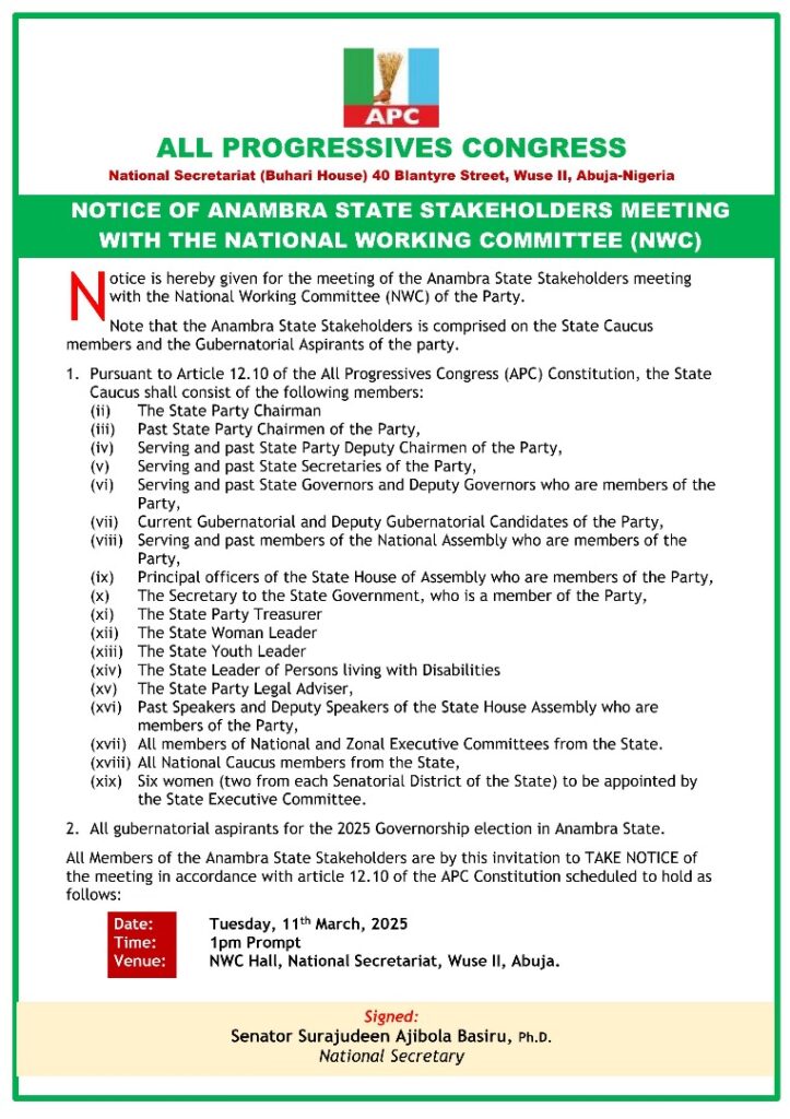 Anambra State Guber 2025: APC Notice of Anambra State stakeholders meeting with NWC