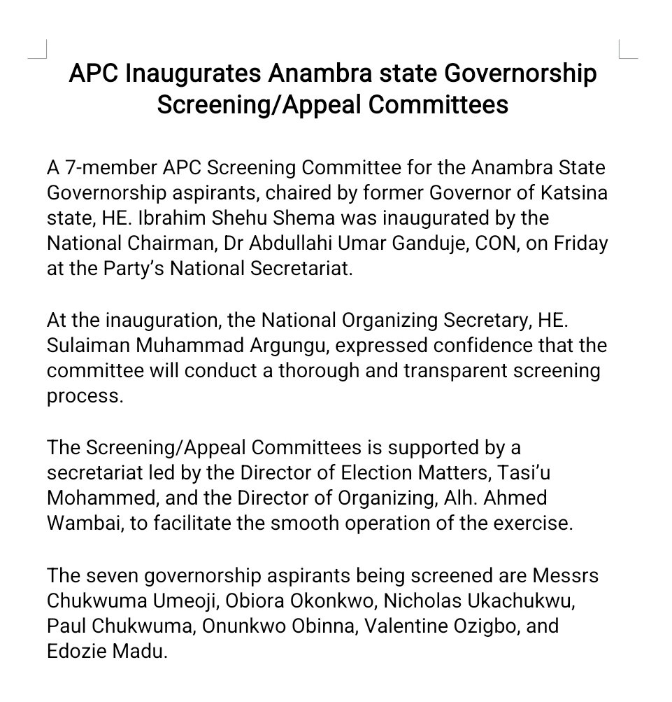 Anambra State Guber 2025: 7-member Screening Committee for Governorship aspirants inaugurated by Ganduje