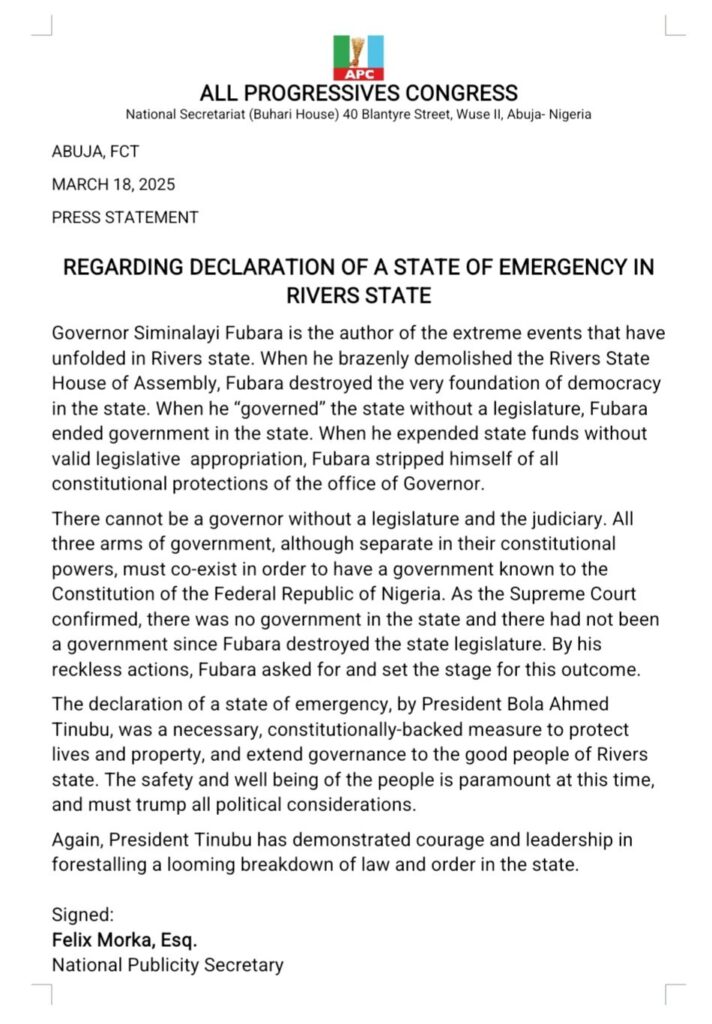 Rivers State: Press Statement - 'There had not been a govt since Fubara destroyed the state legislature' - APC