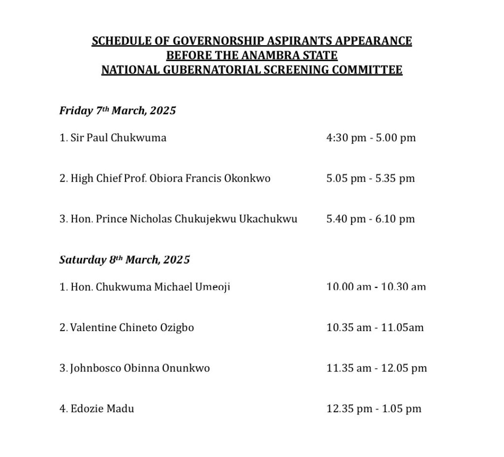 Anambra State Guber 2025: APC Notice - Screening schedules for the seven (7) APC Anambra State governorship aspirants
