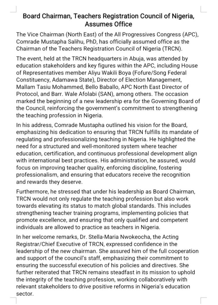APC National VC NorthEast, Salihu, assumes office as Chairman of TRCN