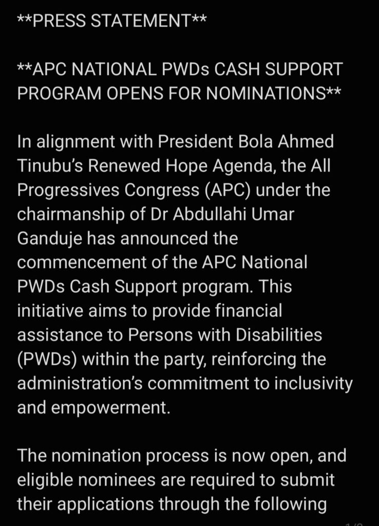 APC national PWDs cash support program opens for nomination