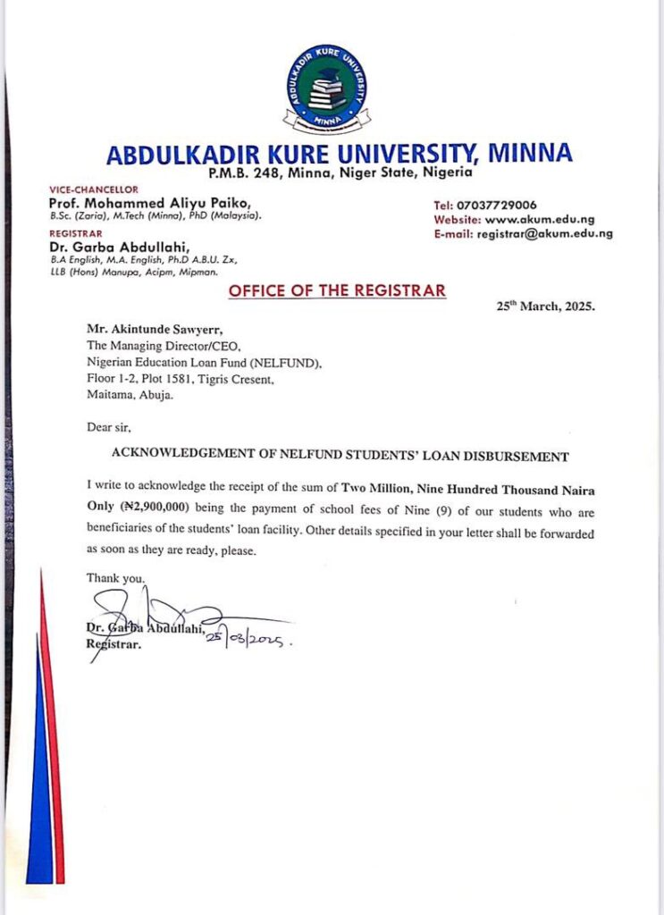 NELFUND: '₦47,621,121 successfully disbursed to Adamawa State University to 1,283 students'