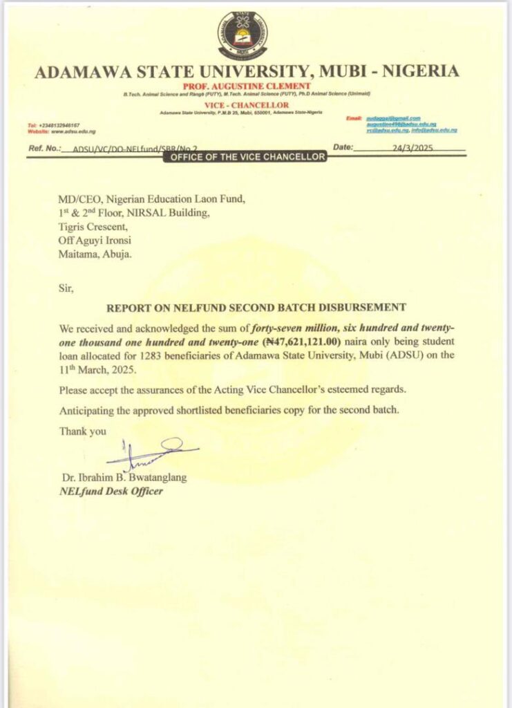 NELFUND: '₦47,621,121 successfully disbursed to Adamawa State University to 1,283 students'
