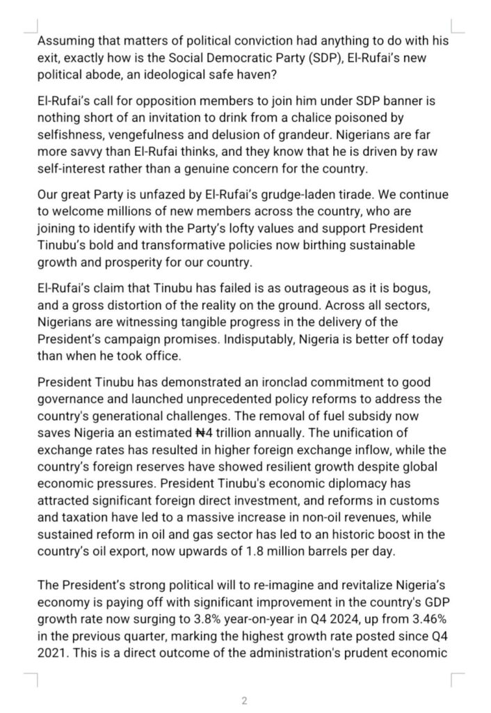Press Statement - 'Quit sulking, get a grip' - APC to El-Rufai